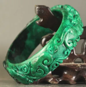10% OFF- 61/62/63mm Certified China Natural Green Jadeite Emerald A*Jade HandCaved Double Dragons Ruyi Flower Bangle NO.A340