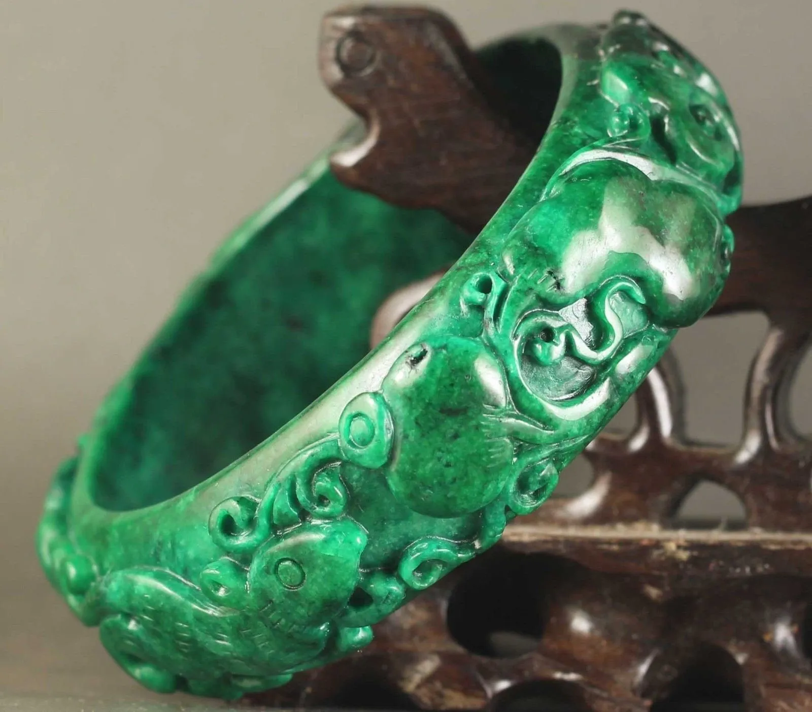 10% OFF- 61/62/63mm Certified China Natural Green Jadeite Emerald A*Jade HandCaved Double Dragons Ruyi Flower Bangle NO.A340