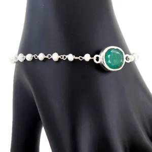 11 Ct Emerald With Pearl (Moti) 100% Certified Beaded, Sterling Silver Bracelet