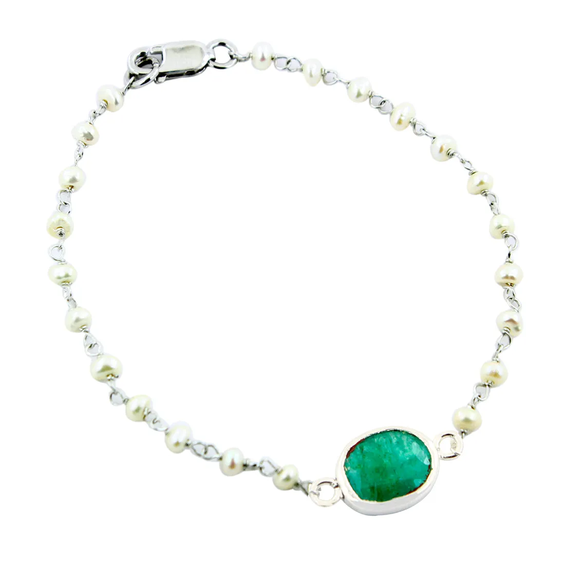11 Ct Emerald With Pearl (Moti) 100% Certified Beaded, Sterling Silver Bracelet