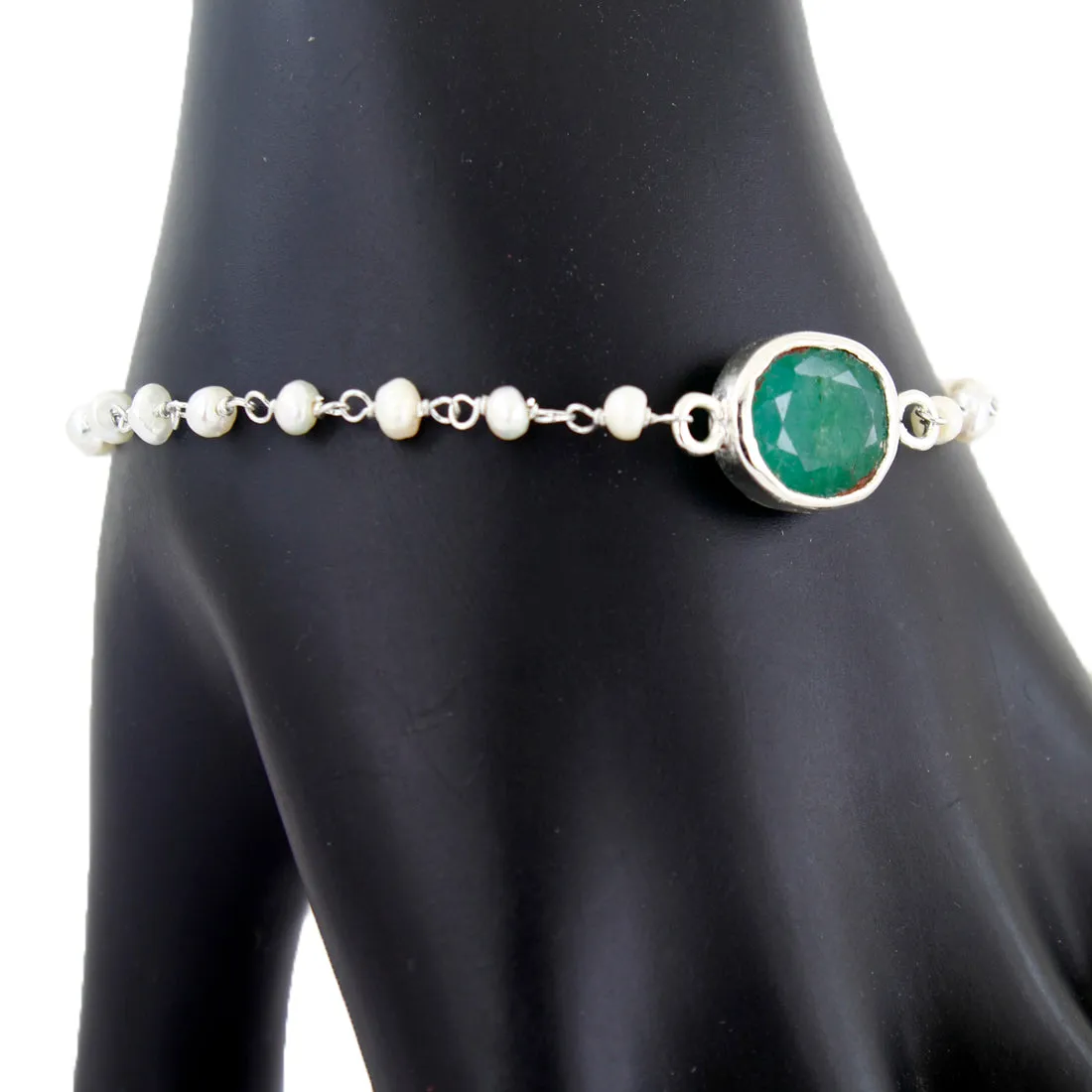 11 Ct Emerald With Pearl (Moti) 100% Certified Beaded, Sterling Silver Bracelet