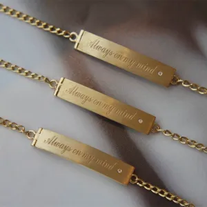 18K Solid Gold Miami Cuban Chain ID Bracelet Natural Diamond Forever Love Elegant Jewelry
