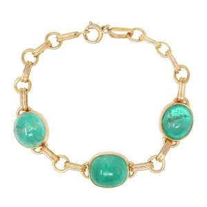 1940's Retro 21.46 CTW Emerald Cabochon 14 Karat Yellow Gold Fancy Link Vintage Bracelet