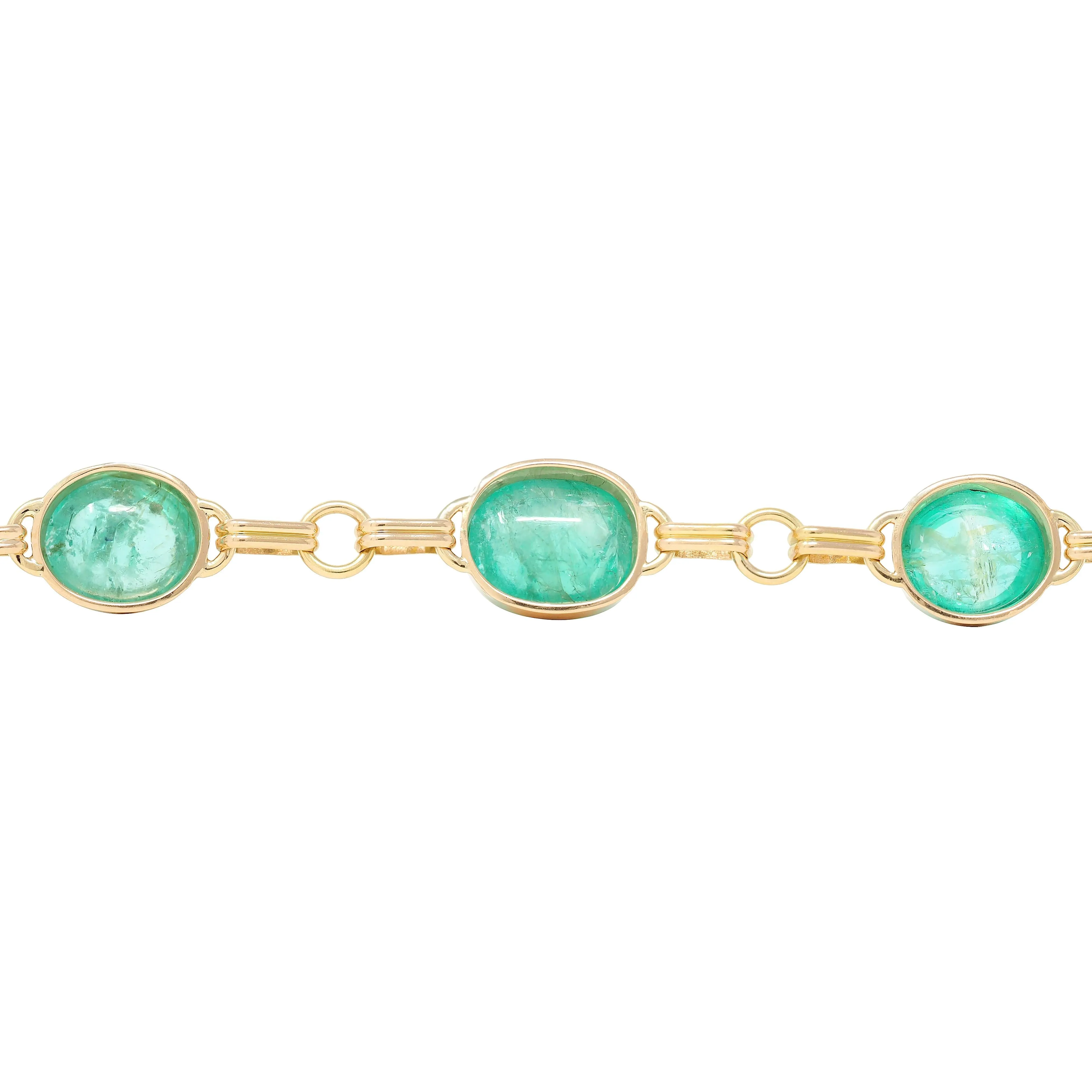 1940's Retro 21.46 CTW Emerald Cabochon 14 Karat Yellow Gold Fancy Link Vintage Bracelet