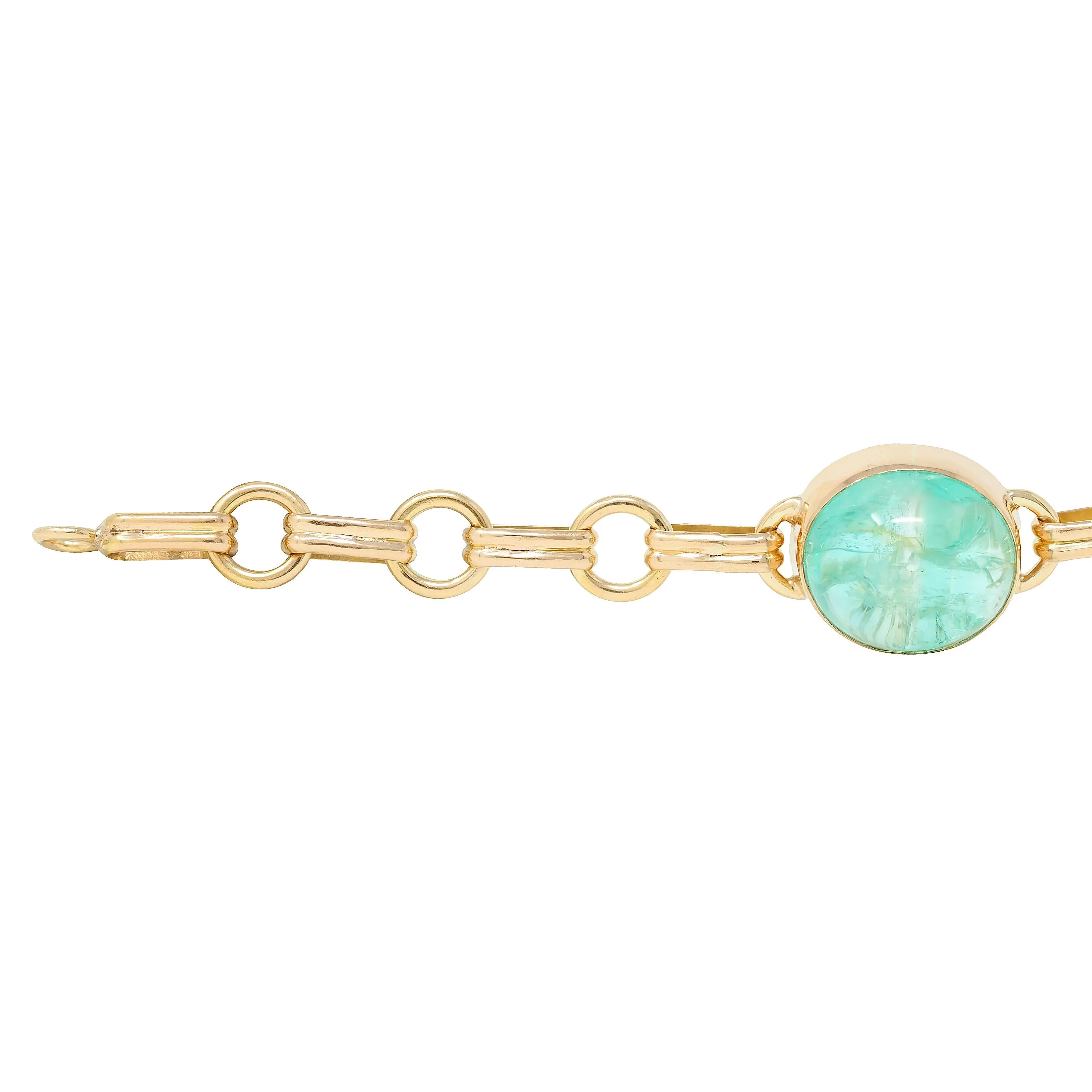 1940's Retro 21.46 CTW Emerald Cabochon 14 Karat Yellow Gold Fancy Link Vintage Bracelet
