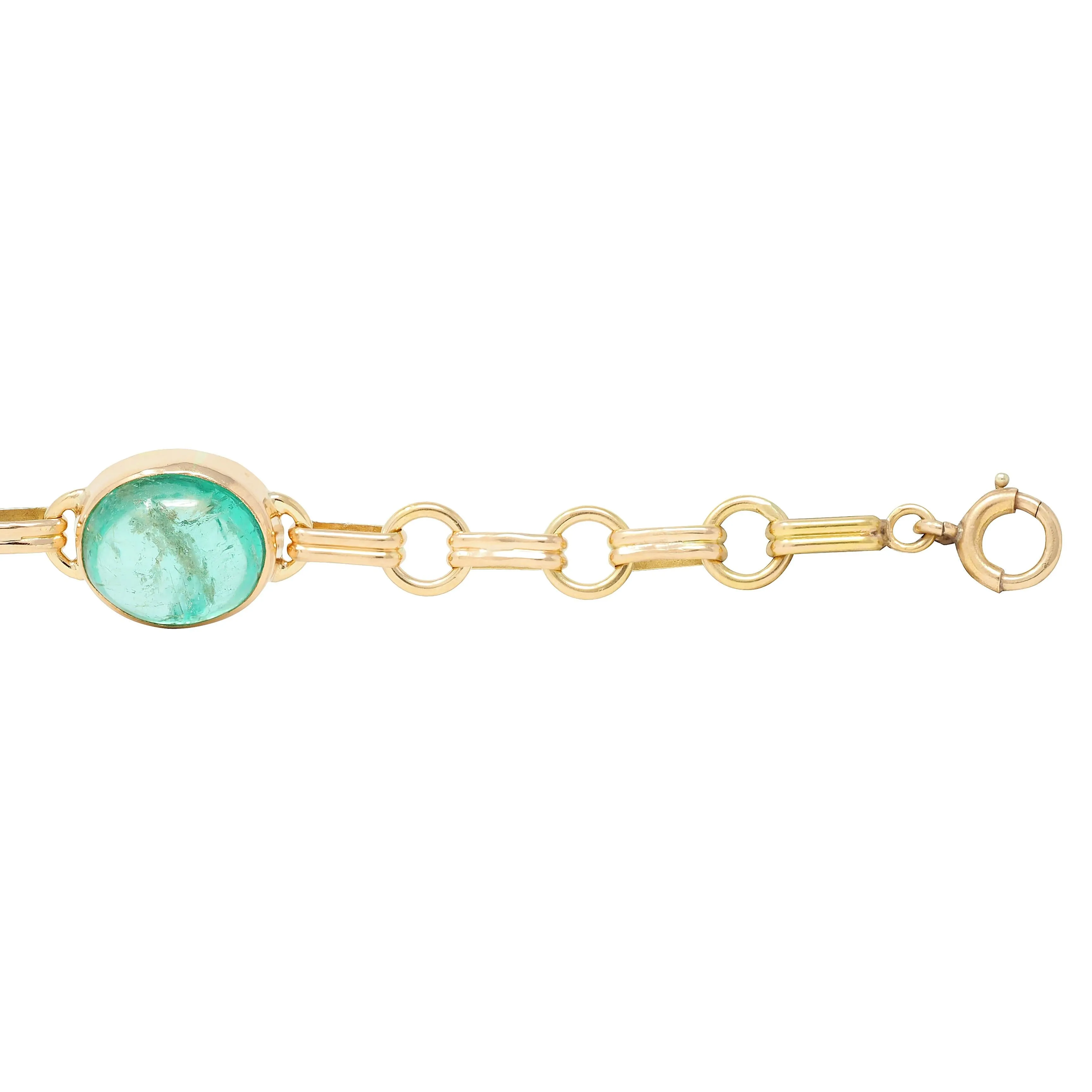 1940's Retro 21.46 CTW Emerald Cabochon 14 Karat Yellow Gold Fancy Link Vintage Bracelet