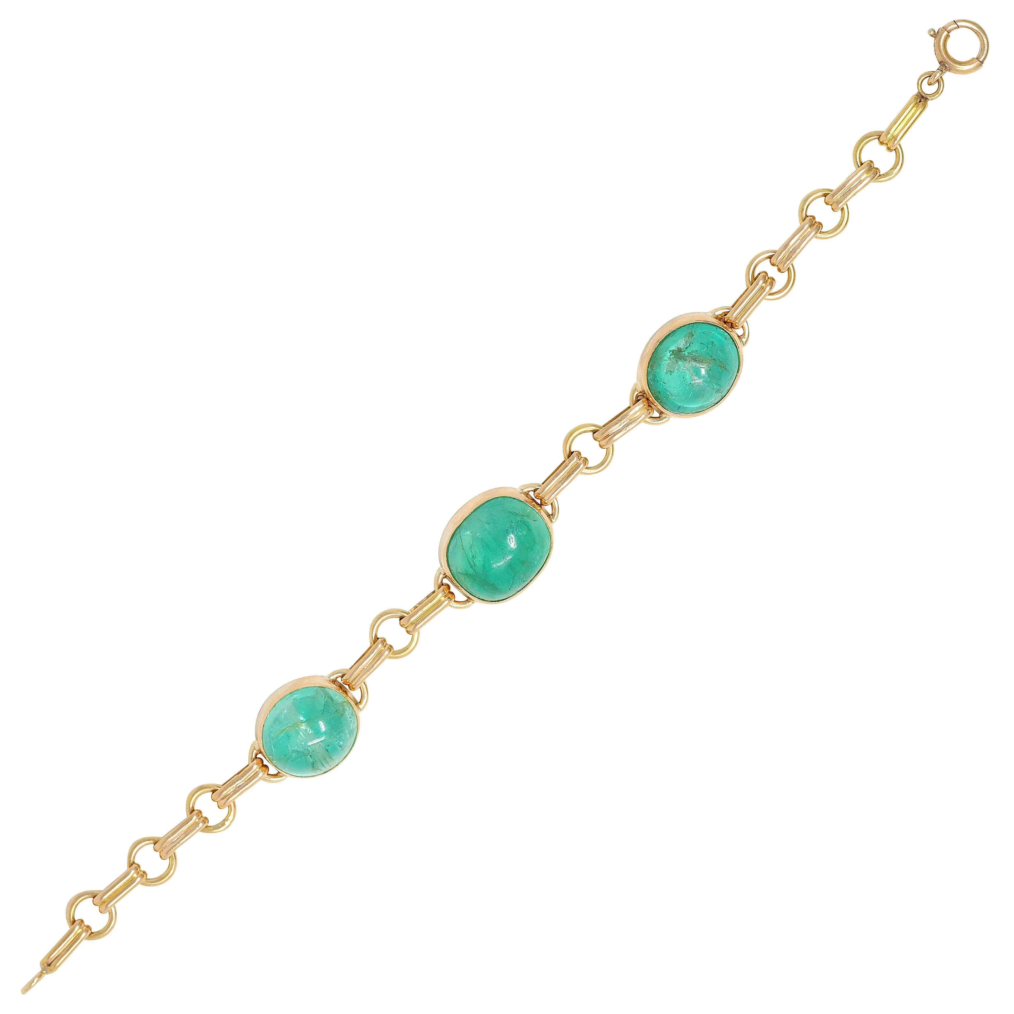 1940's Retro 21.46 CTW Emerald Cabochon 14 Karat Yellow Gold Fancy Link Vintage Bracelet