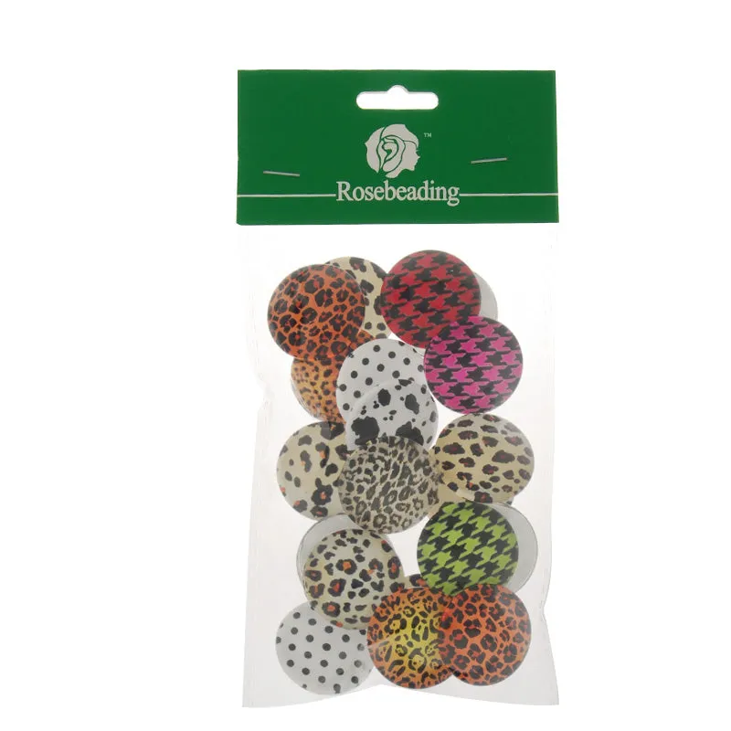 25mm round transparent  pattern glass cabochons with mixed leopard prints,flat back,thickness 6.5mm, 20 pieces/lot