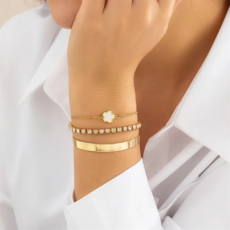 3Pcs/Set Elegant Flower Rhinestone Chain Bracelets for Lady