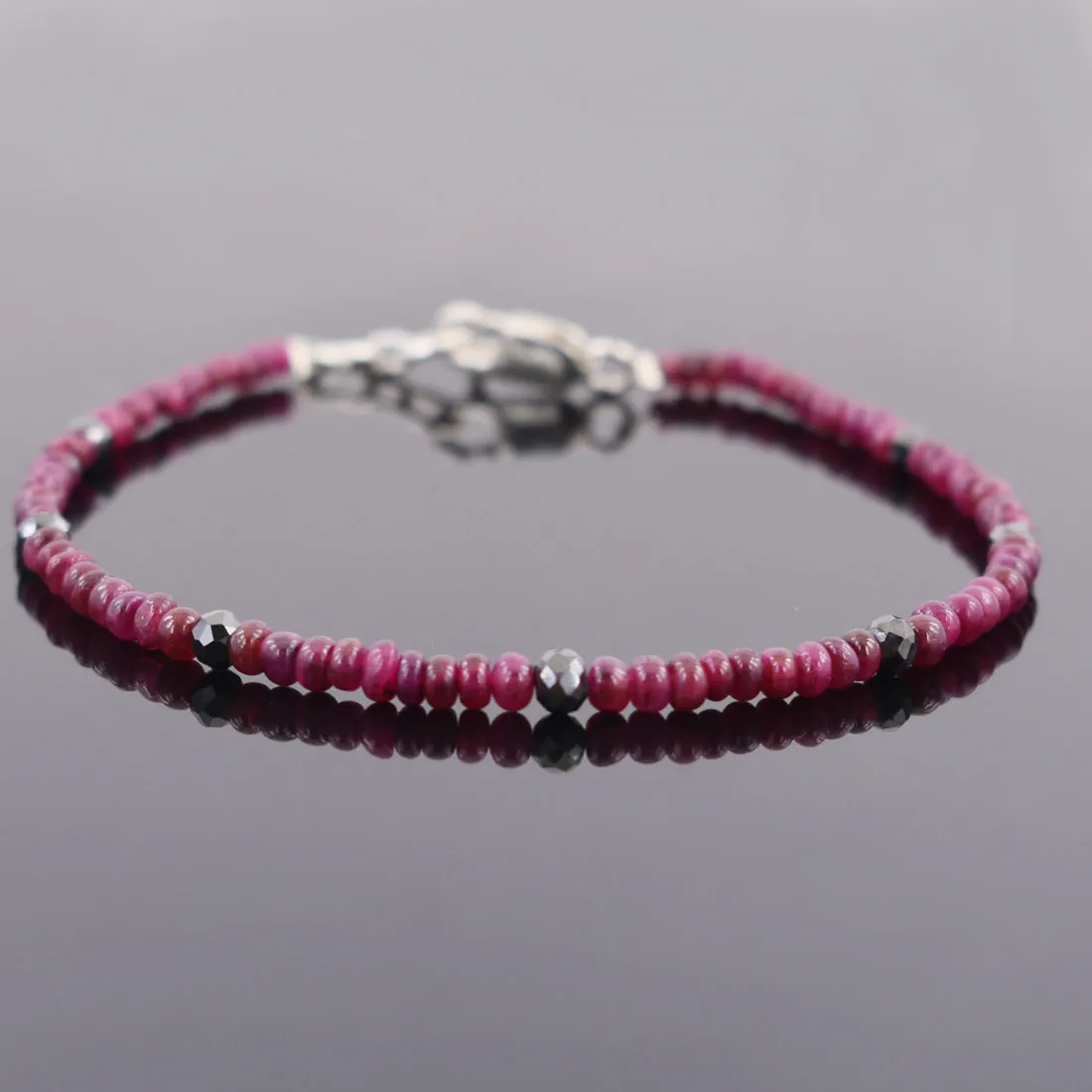 4 mm Ruby Gemstone Bracelet with Black Diamond Beads, Very Elegant