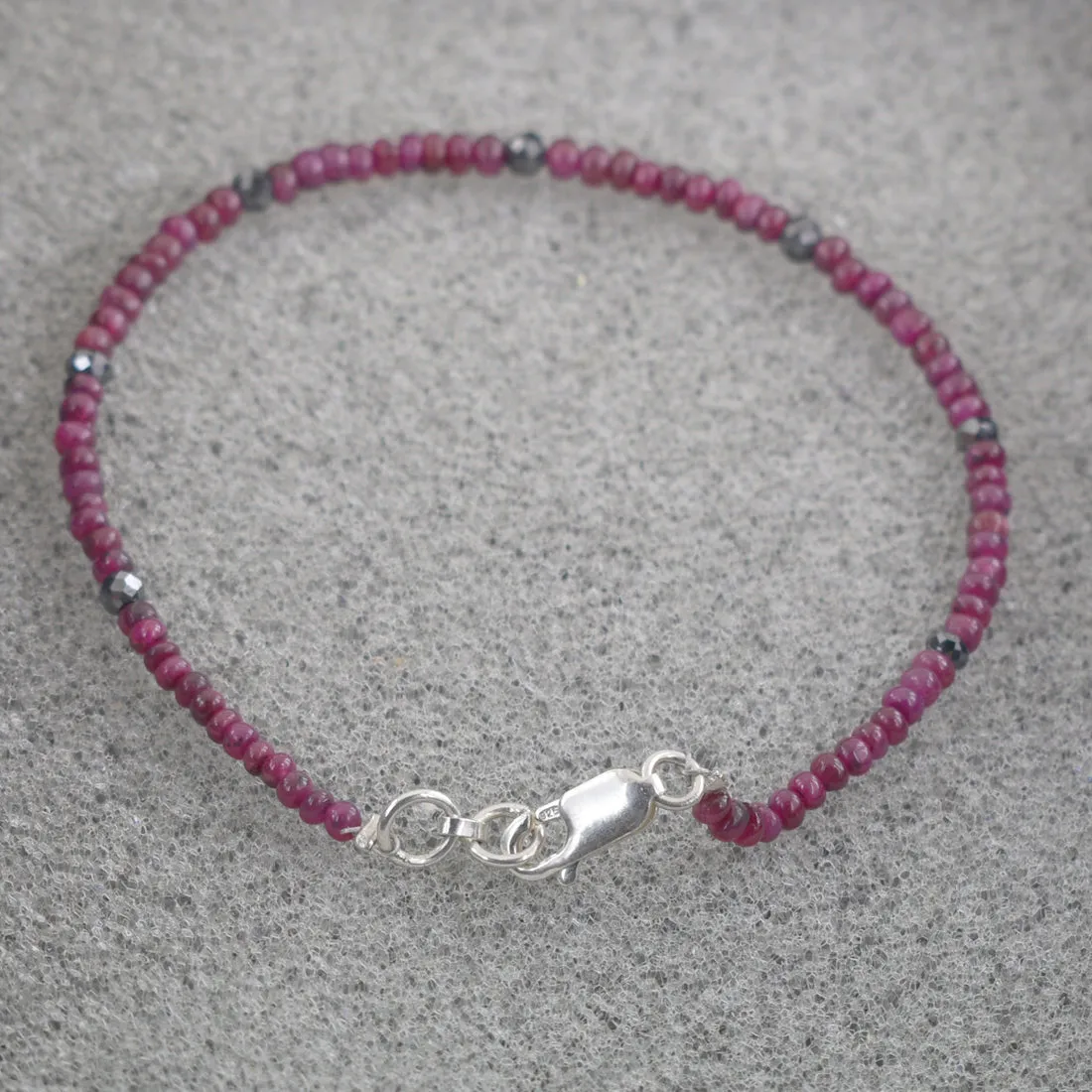 4 mm Ruby Gemstone Bracelet with Black Diamond Beads, Very Elegant