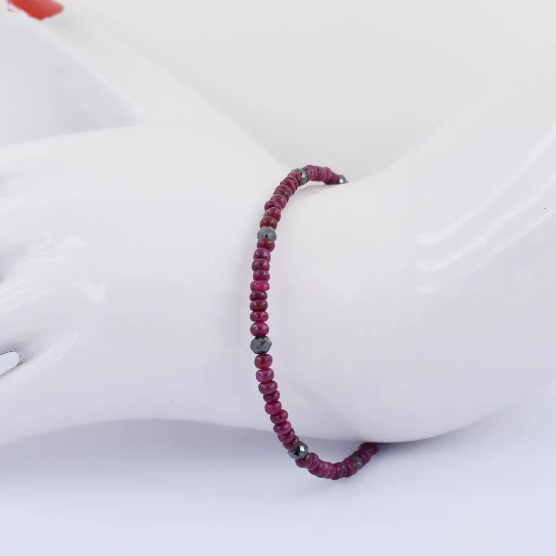 4 mm Ruby Gemstone Bracelet with Black Diamond Beads, Very Elegant