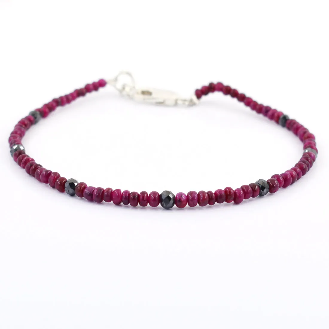 4 mm Ruby Gemstone Bracelet with Black Diamond Beads, Very Elegant