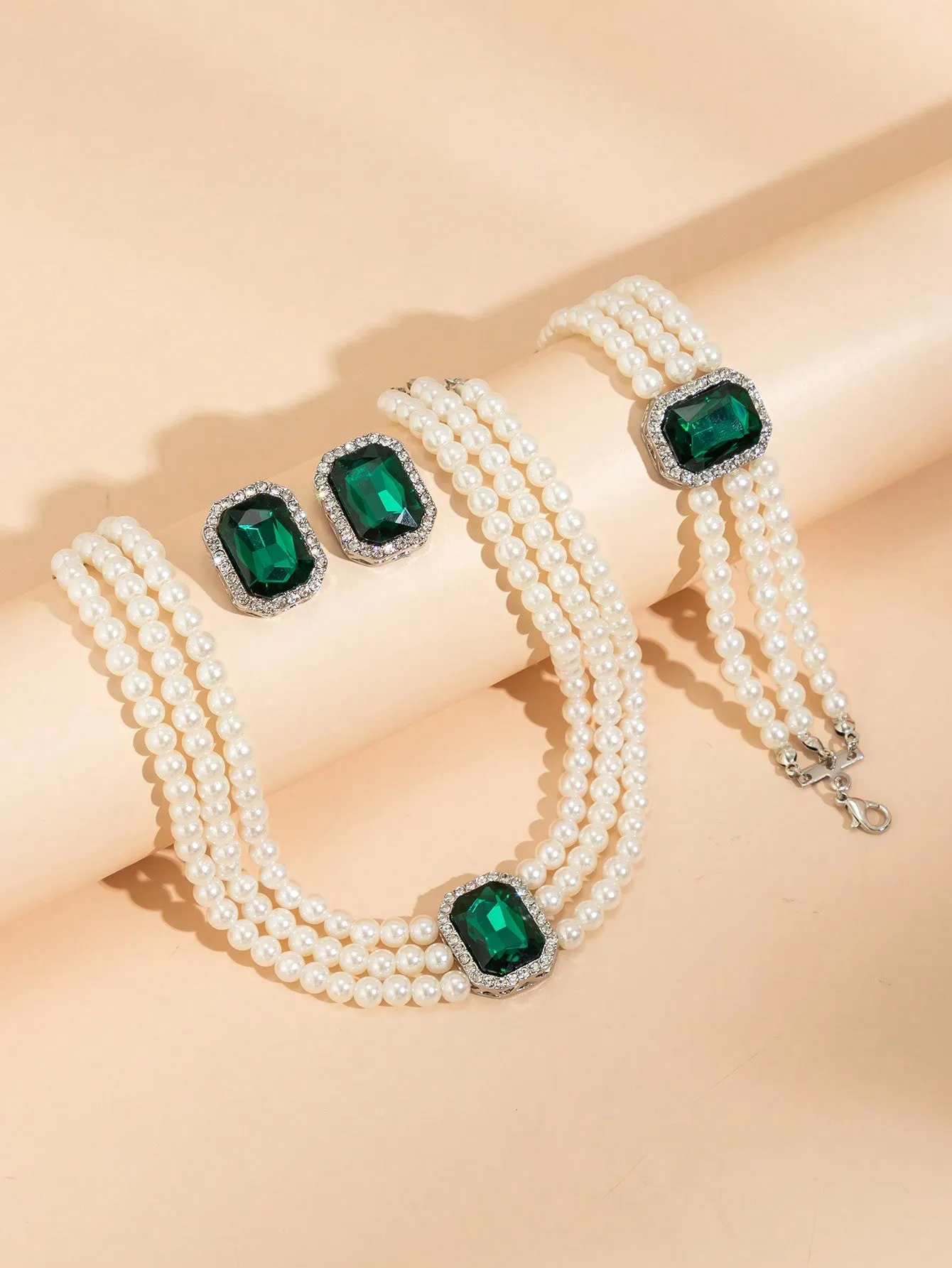 4pcs Diamond Inlaid Multi-Layer Pearl Beaded Necklace Set