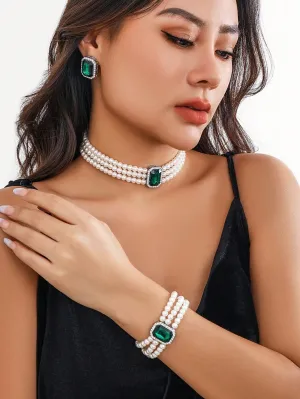 4pcs Diamond Inlaid Multi-Layer Pearl Beaded Necklace Set