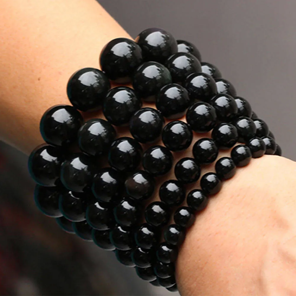 54-60 mm Certified Natural Black Emerald Jade Beads Stretchy Bracelet 《Grade A》