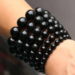 54-60 mm Certified Natural Black Emerald Jade Beads Stretchy Bracelet 《Grade A》
