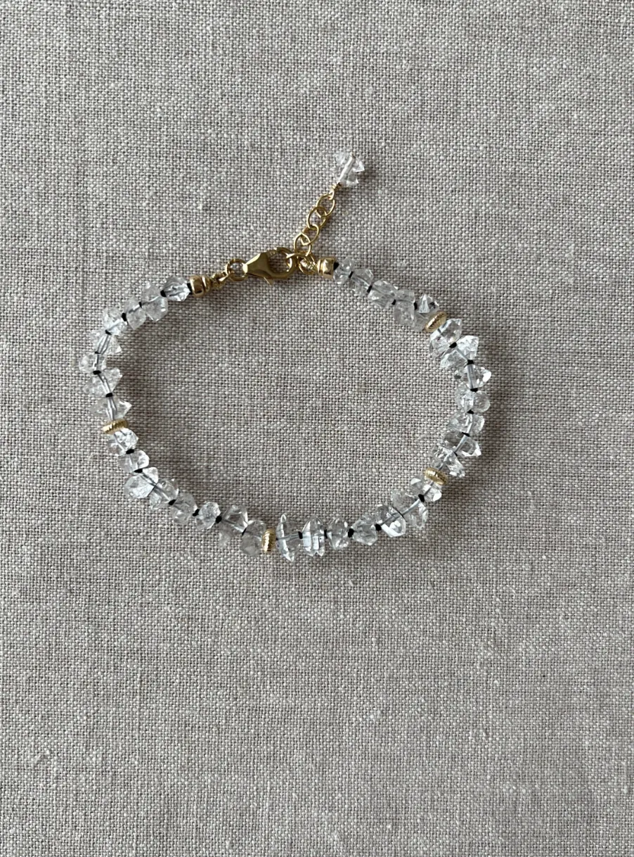 AAA Herkimer Diamond Bracelet on Black Silk with Gold Accents
