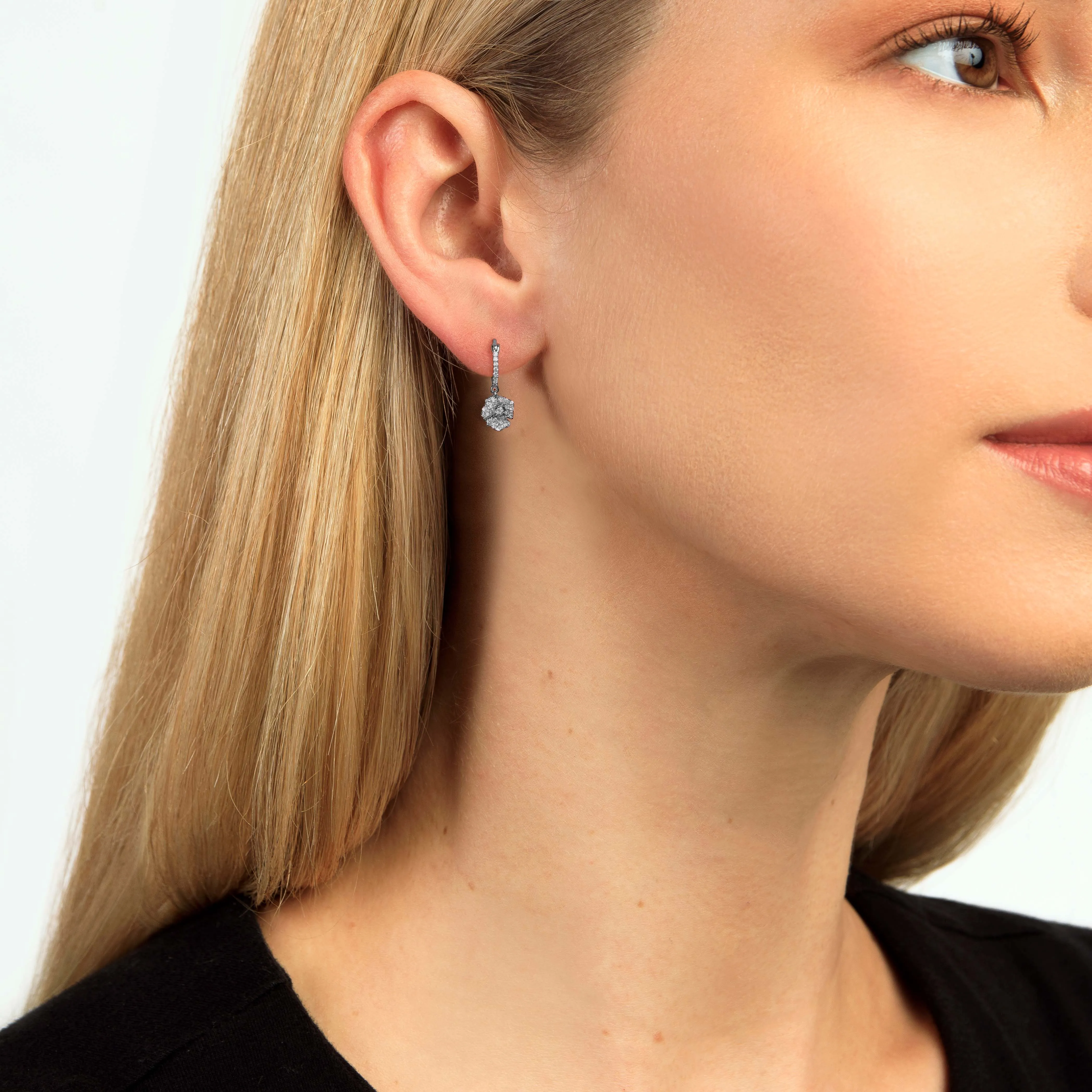 Bloom Petit Flower White Diamonds Hoop Earrings in Gold