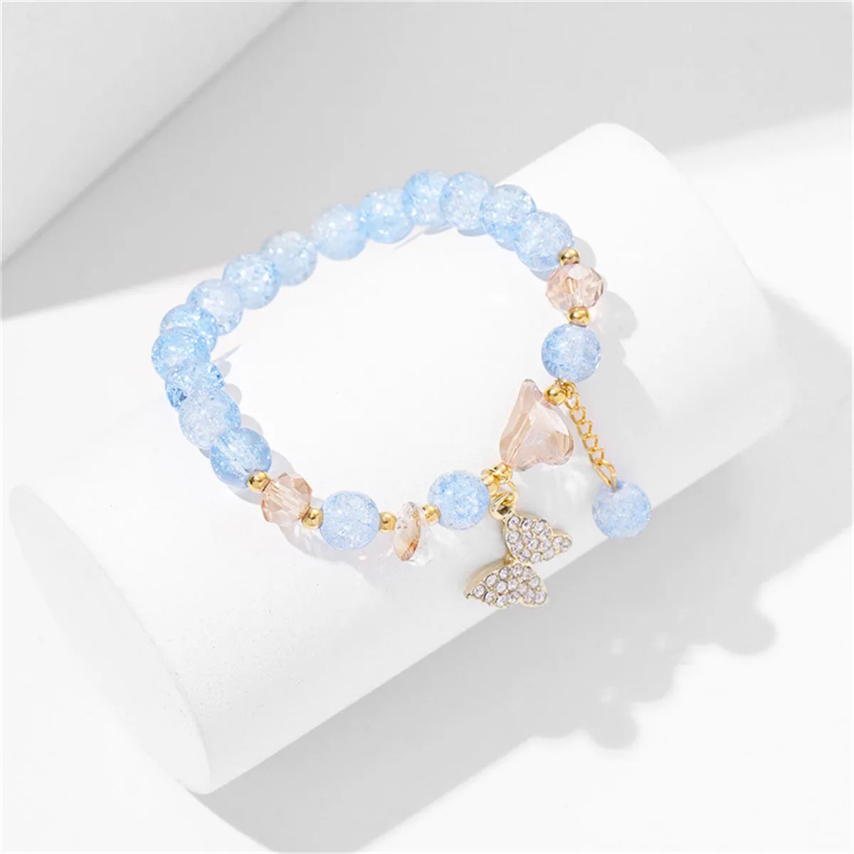 Blue Acrylic & Cubic Zirconia 18K Gold-Plated Heart & Butterfly Beaded Stretch Bracelet