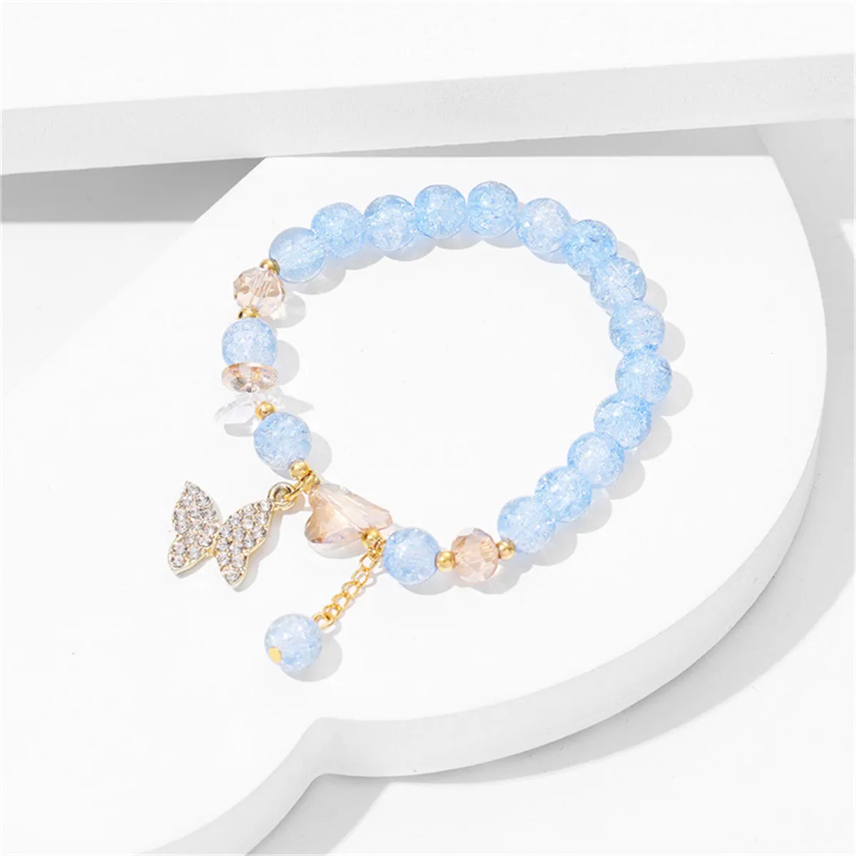 Blue Acrylic & Cubic Zirconia 18K Gold-Plated Heart & Butterfly Beaded Stretch Bracelet