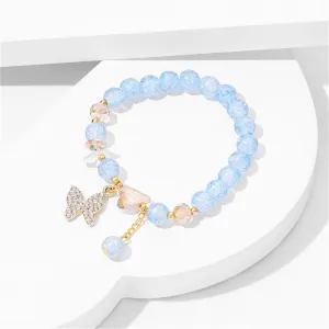 Blue Acrylic & Cubic Zirconia 18K Gold-Plated Heart & Butterfly Beaded Stretch Bracelet