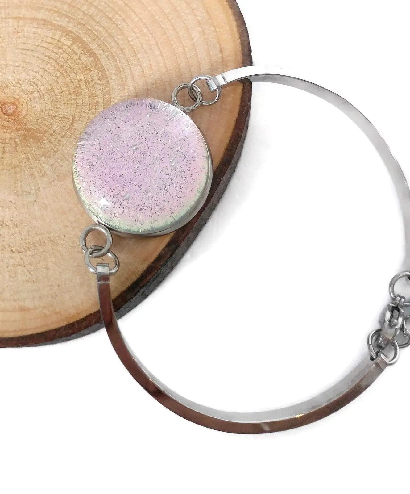 Bracelet d'acier inoxydable et verre fusion transparent rose pâle