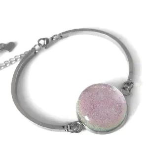 Bracelet d'acier inoxydable et verre fusion transparent rose pâle