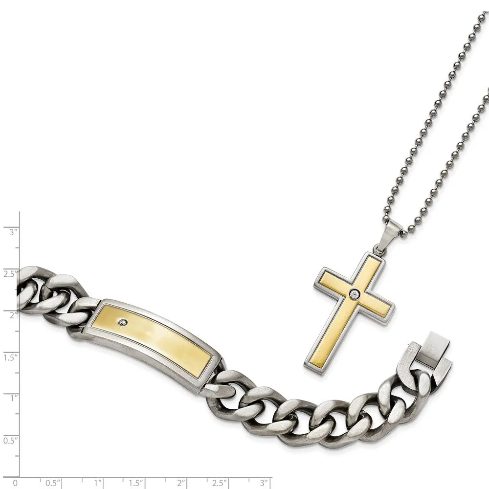 Chisel Stainless Steel Polished and Matte Yellow IP-plated with CZ 24 inchNecklace and 8.5 inch Bracelet Set