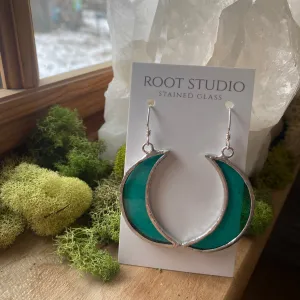 Crescent Moon Stained Glass Earrings - Iridescent Teal