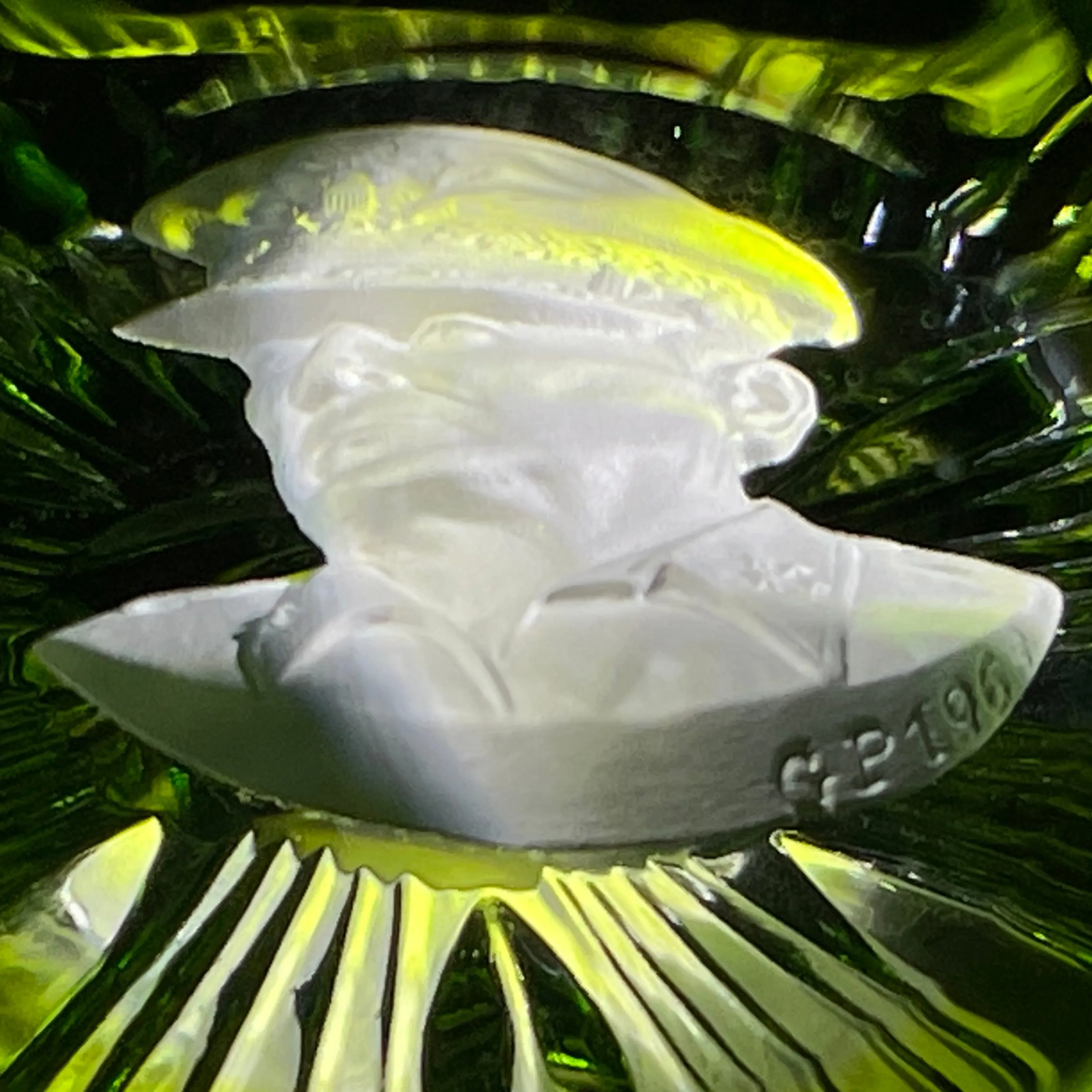 Cristal d’Albret General Douglas MacArthur Sulphide Fancy Cut Green Overlay Glass Paperweight