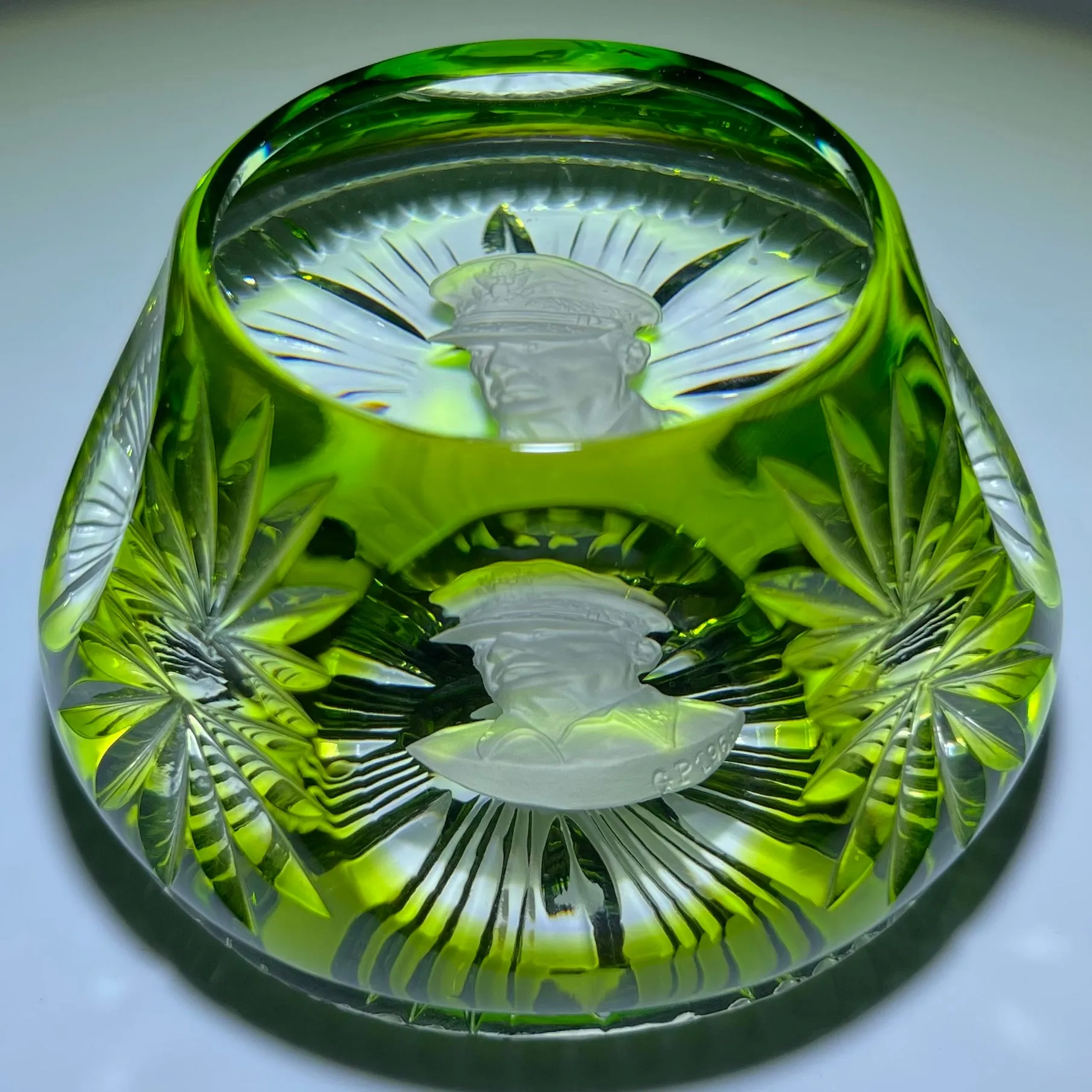 Cristal d’Albret General Douglas MacArthur Sulphide Fancy Cut Green Overlay Glass Paperweight