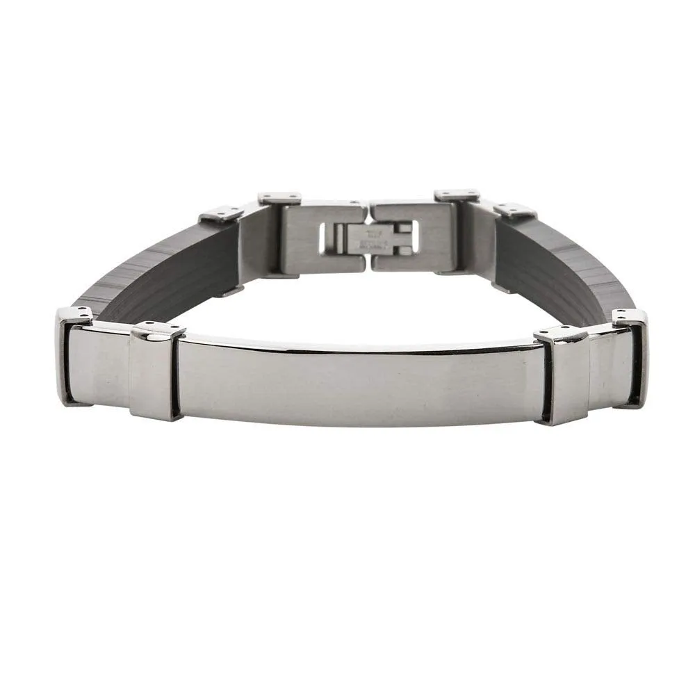 (D) Men's Stainless Steel Bracelet with Black Rubber Strap, Silver Metal Jewelry