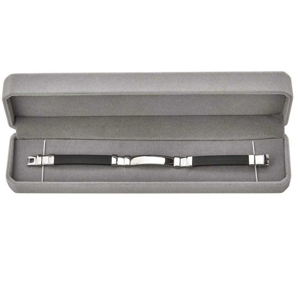(D) Men's Stainless Steel Bracelet with Black Rubber Strap, Silver Metal Jewelry