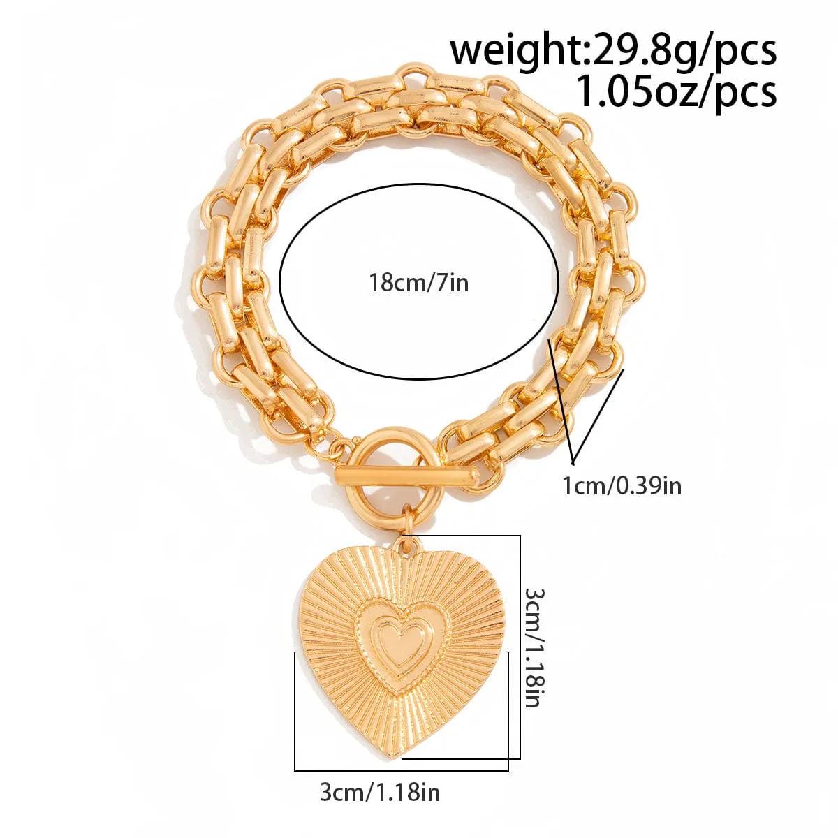 Elegant Gold Silver Tone Toggle Clasp Round Heart Pendant Bracelet