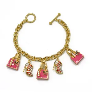 Gold Crystal Shoe and Pink Hand Bag Charm Bracelet #HNB90888GDFU(JH6)