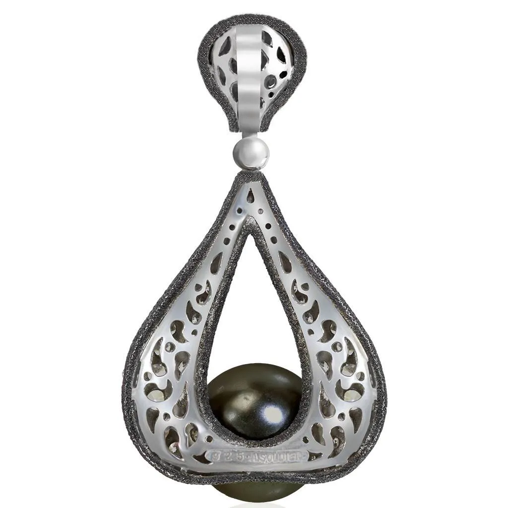 Gold Twist Pendant With Tahitian Pearl & Diamonds