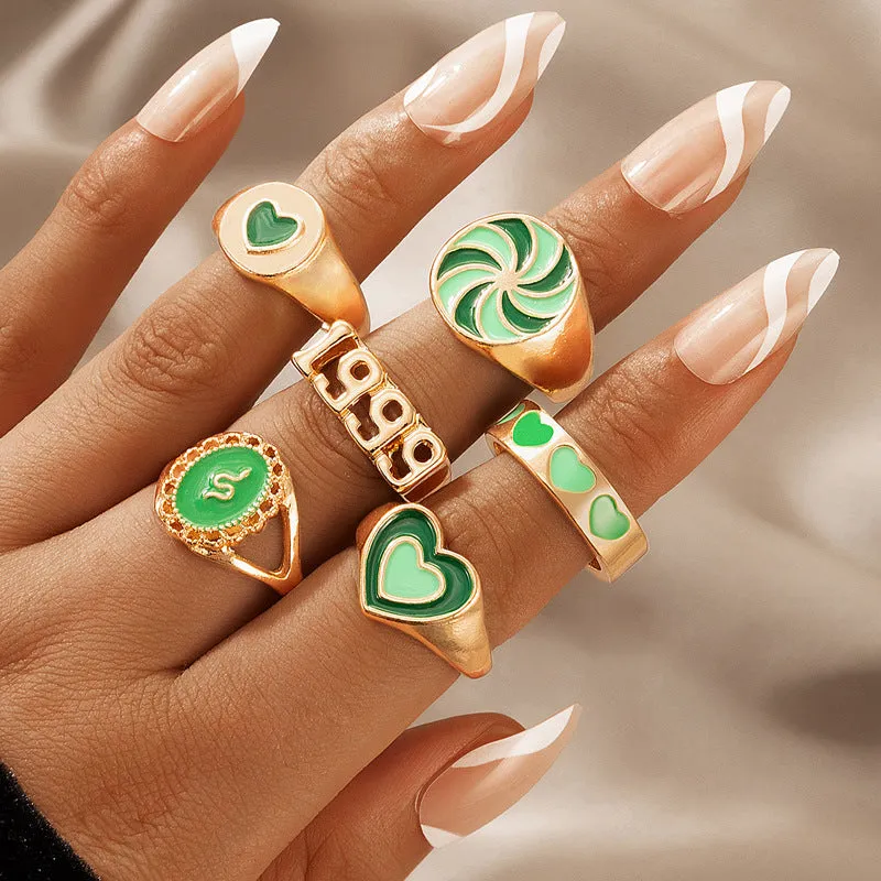 Green 6 Pcs Dripping Oil Love 1999 Feelings Ring Set