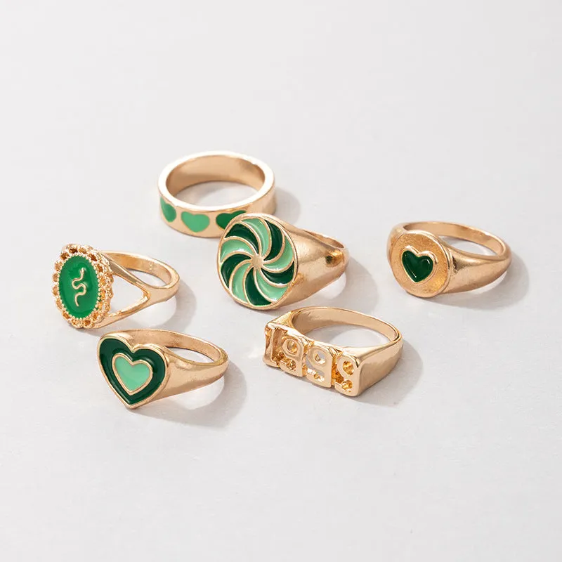 Green 6 Pcs Dripping Oil Love 1999 Feelings Ring Set