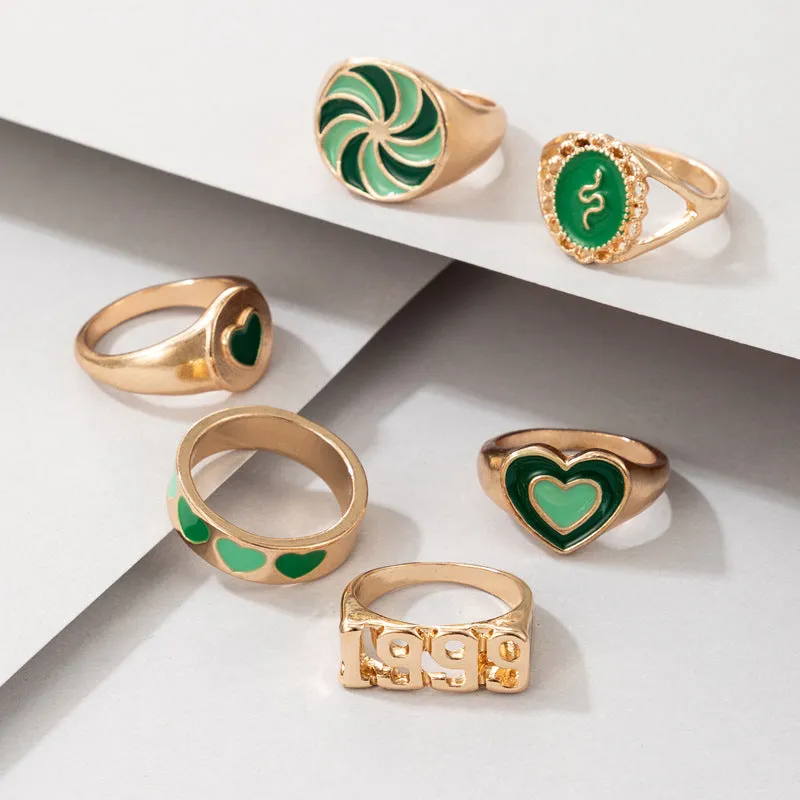 Green 6 Pcs Dripping Oil Love 1999 Feelings Ring Set