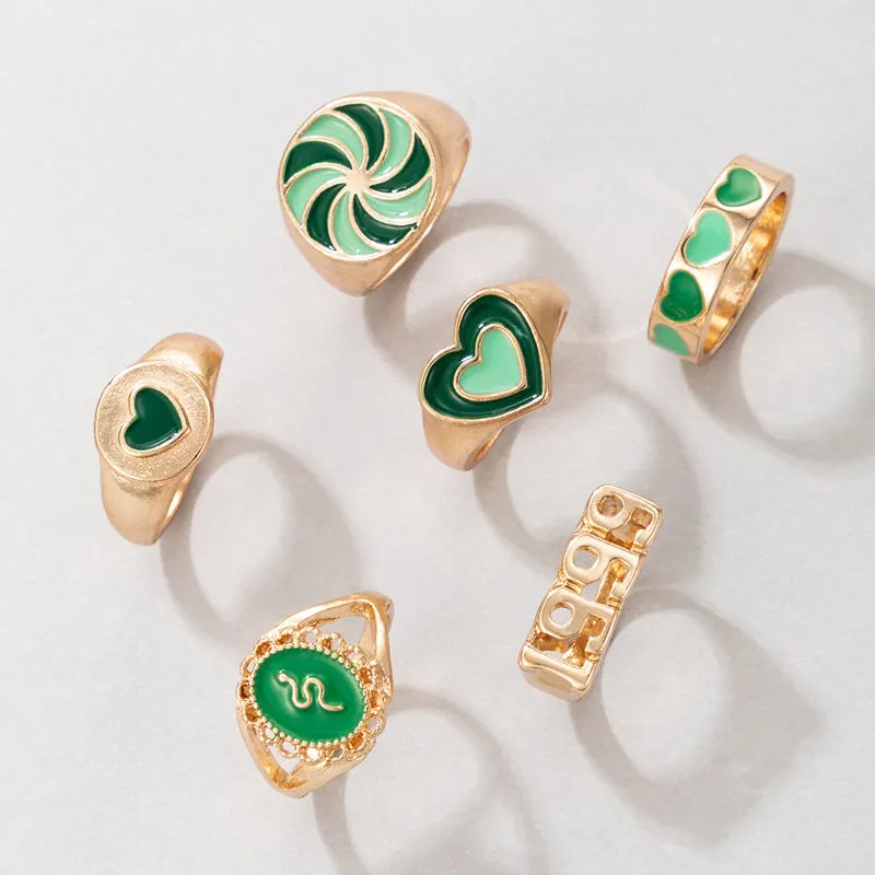 Green 6 Pcs Dripping Oil Love 1999 Feelings Ring Set
