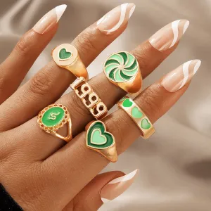 Green 6 Pcs Dripping Oil Love 1999 Feelings Ring Set
