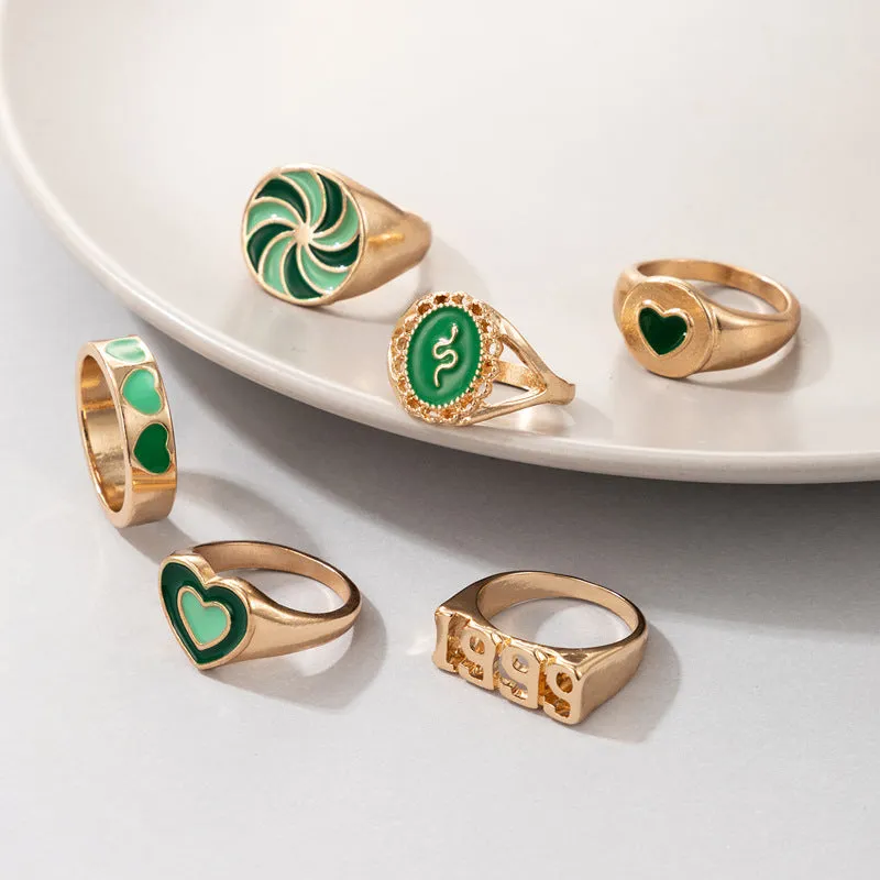 Green 6 Pcs Dripping Oil Love 1999 Feelings Ring Set