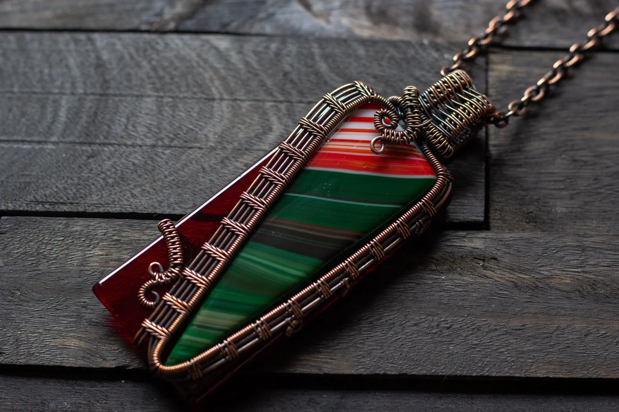 Green and Red Fused Glass Statement Pendant with Copper Wire Wrapping