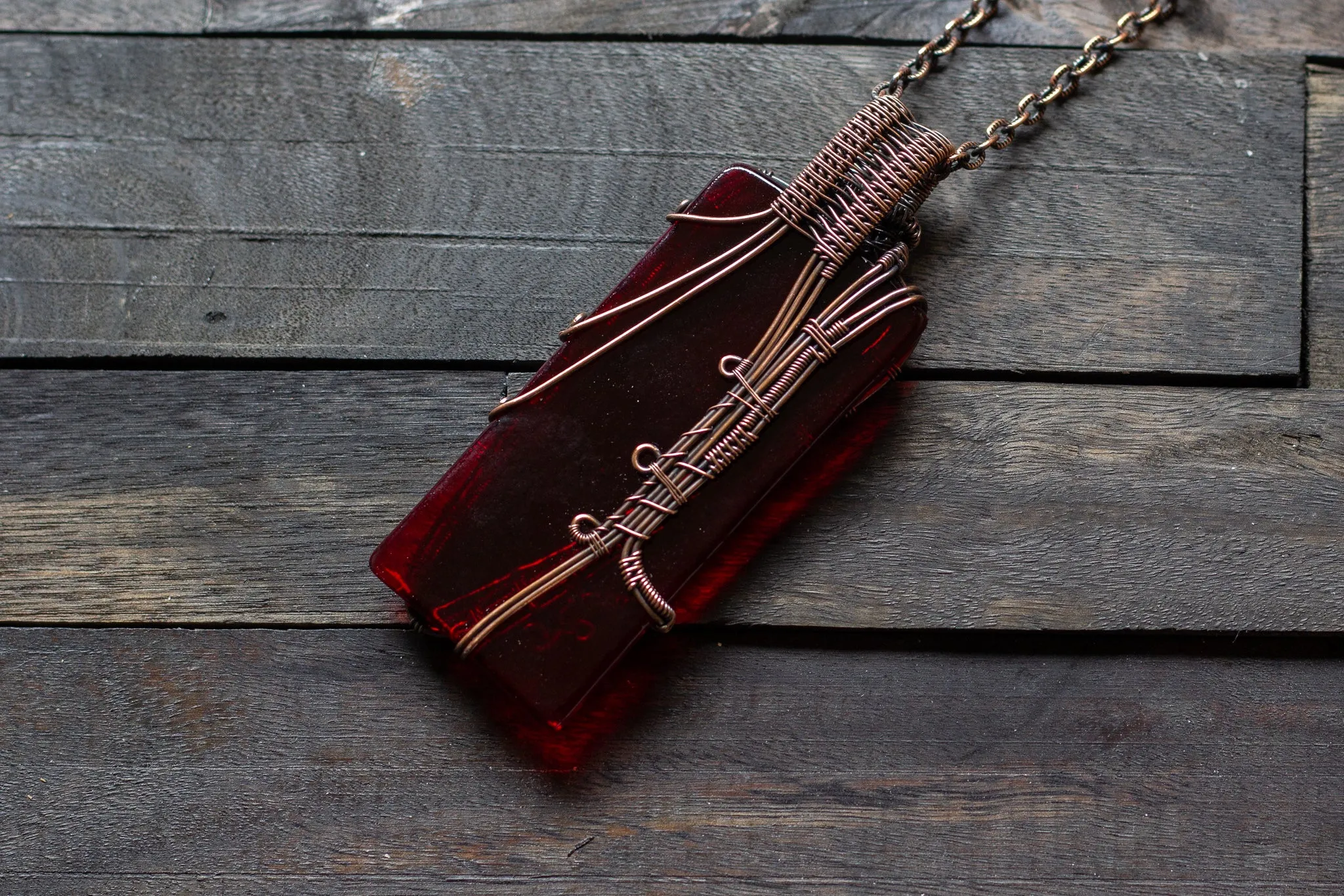 Green and Red Fused Glass Statement Pendant with Copper Wire Wrapping