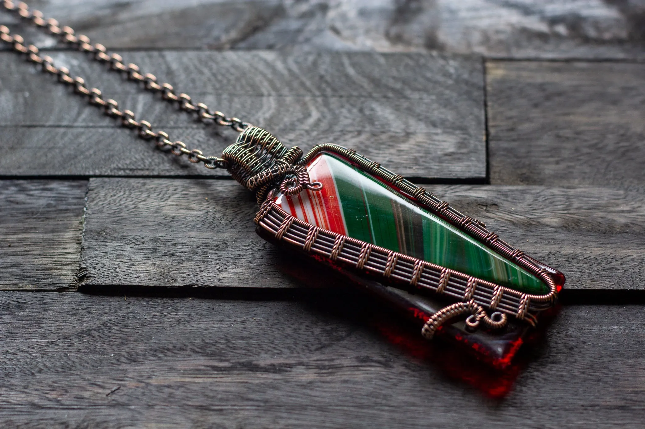 Green and Red Fused Glass Statement Pendant with Copper Wire Wrapping