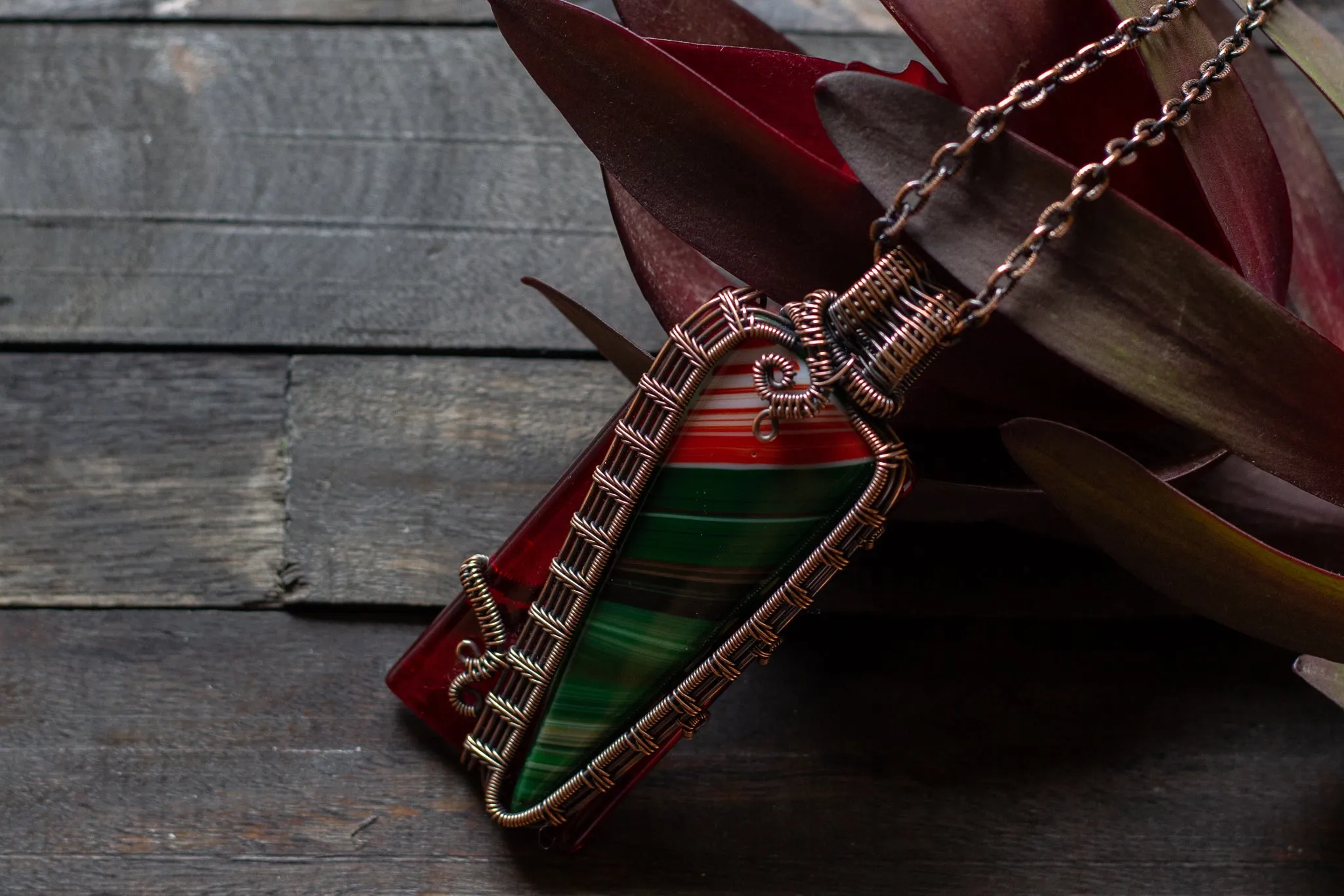 Green and Red Fused Glass Statement Pendant with Copper Wire Wrapping