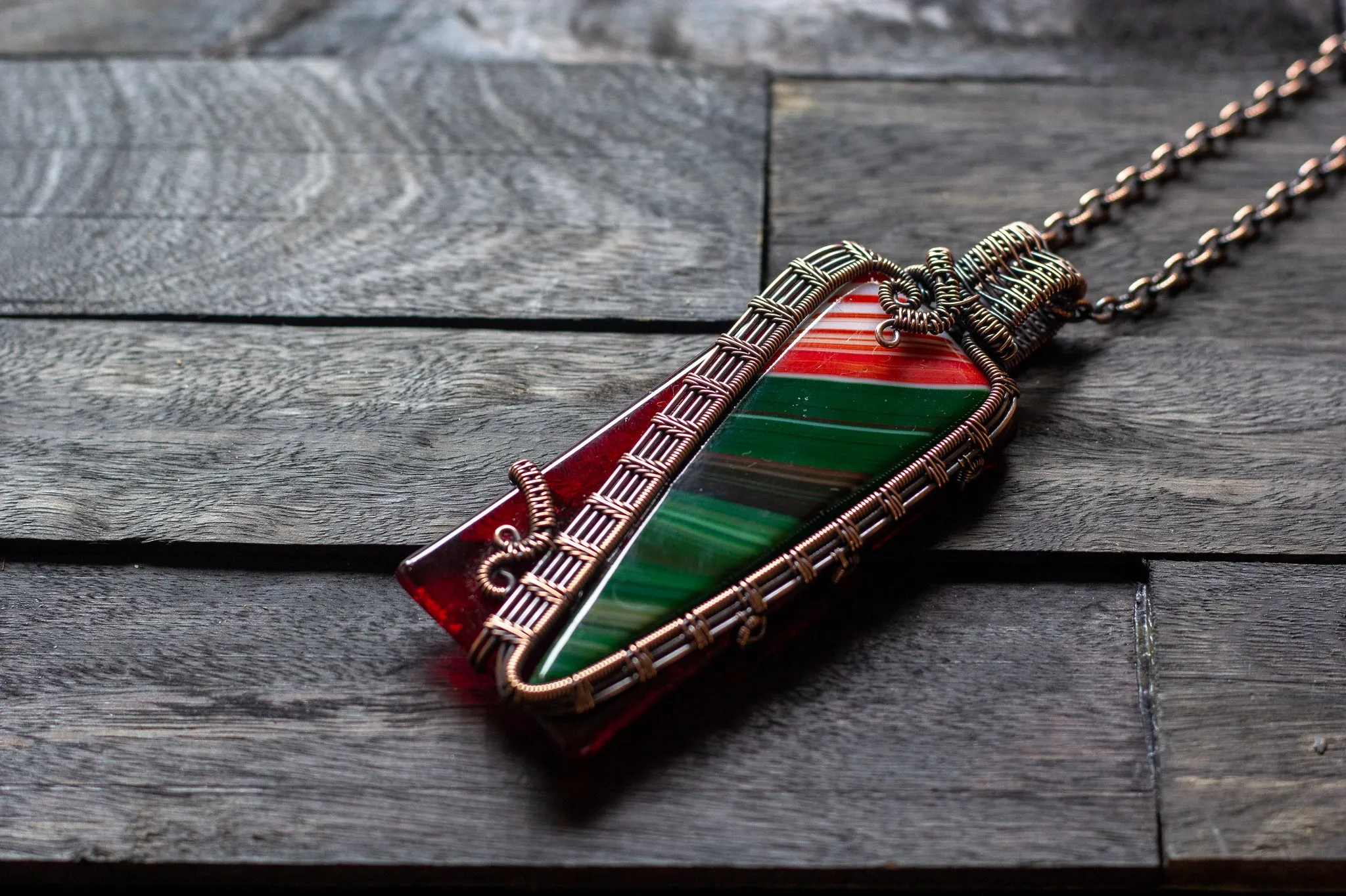 Green and Red Fused Glass Statement Pendant with Copper Wire Wrapping