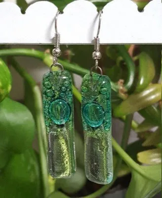 Green bars... Lots of  bubbles. Transparent clear glass drop earrings . Recycled Fused Glass Dangling earrings