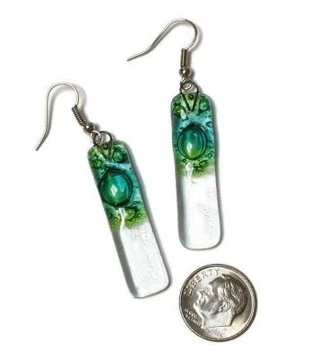 Green bars... Lots of  bubbles. Transparent clear glass drop earrings . Recycled Fused Glass Dangling earrings